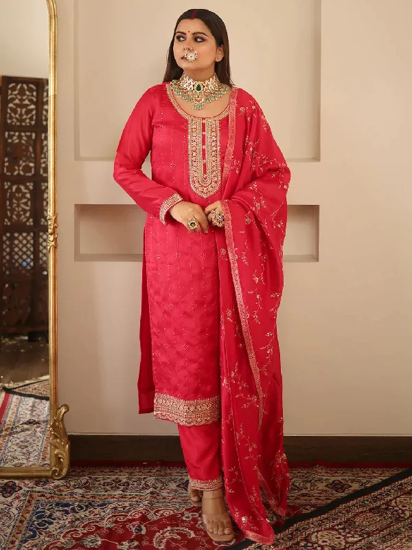 Pink Embroidered Silk Blend Straight Kurta With Trousers & Dupatta Trousers Office Stylish Pink Embroidered Silk Blend Straight Kurta With Trousers & Dupatta Trousers Office Stylish