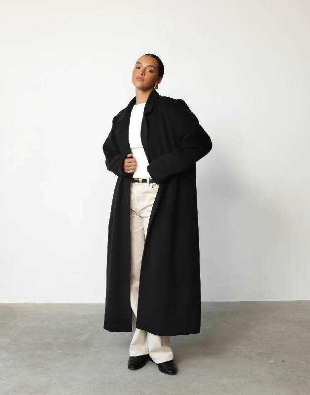 Abbey Trench Coat (Black) Front Pockets Side Pockets Patch Pockets