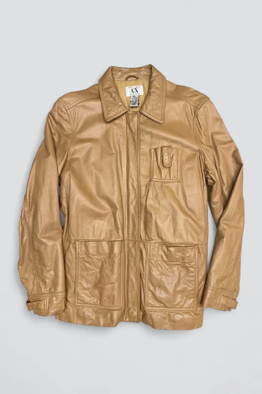 Beige Leather Coat Zip Front Button Front Snap Front