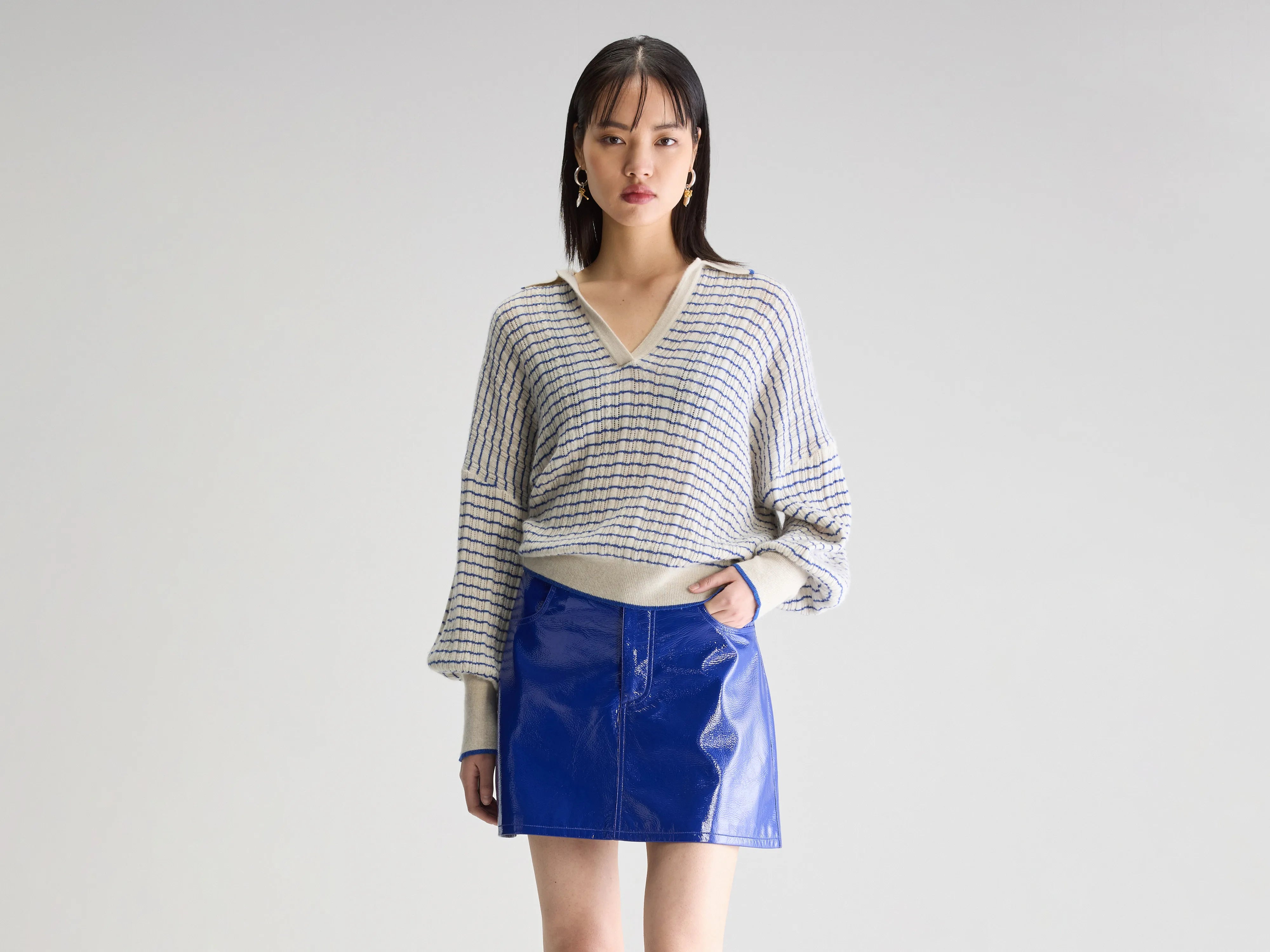 Aummi polo-collar sweater (251 / W / STRIPE A) Wool Sweater Cotton Sweater Cashmere Sweater