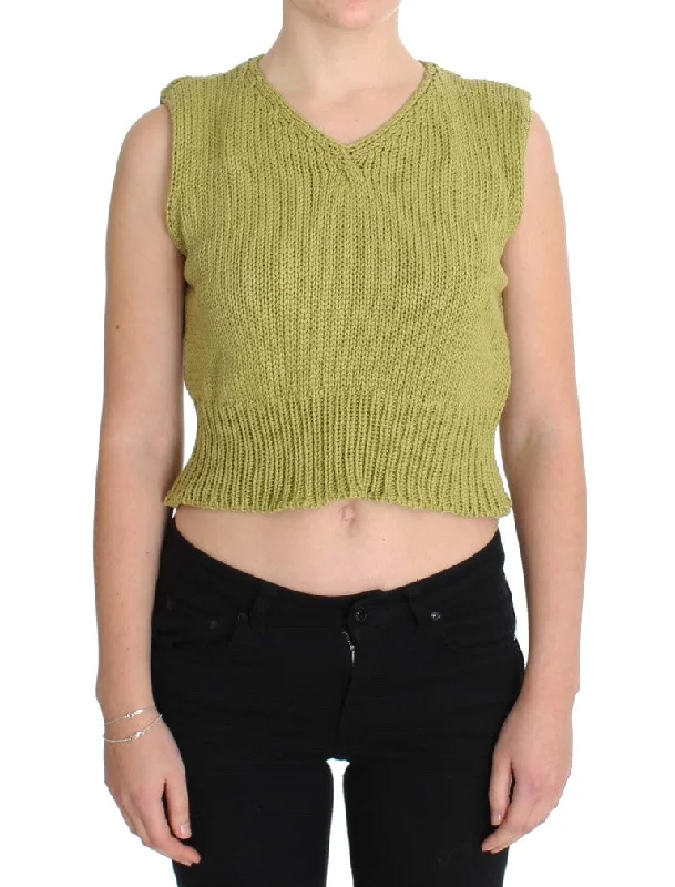 PINK MEMORIES Elegant Green Sleeveless Vest Sweater Solid Print Embellished