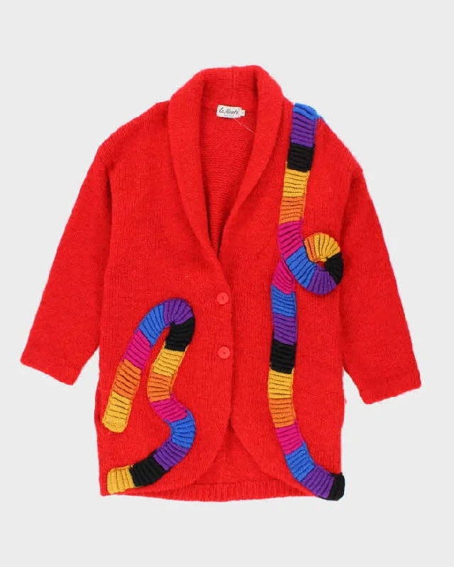 Vintage La Monte Red Chunky Knit Cardigan - S Real Fur Shearling Chenille