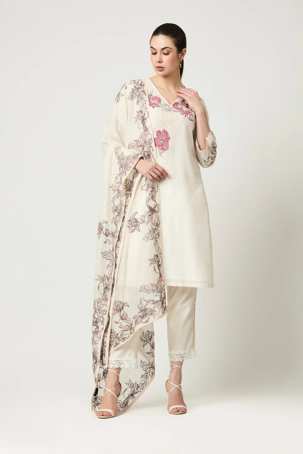 Luna Embroidered Kurta Set (kurta, trousers & dupatta) Trousers Canvas Durable