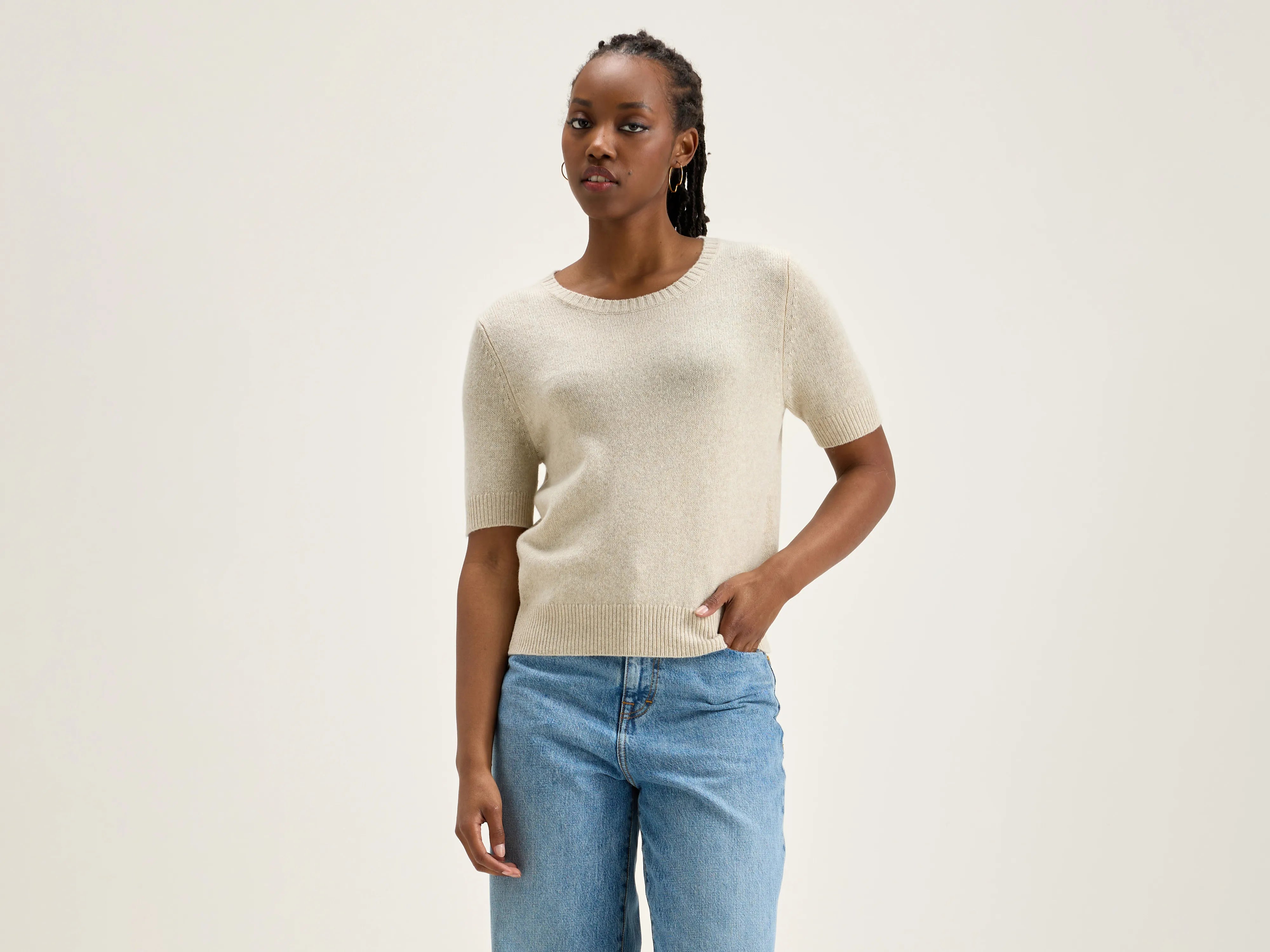 Giwco short-sleeve sweater (242 / W / SUGARCANE) Cotton Fabric Linen Fabric Terry Fabric
