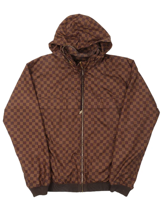Checkered Damier Rain Jacket w/ Packable Hood A-Line Jacket Boat Neck Shawl Collar