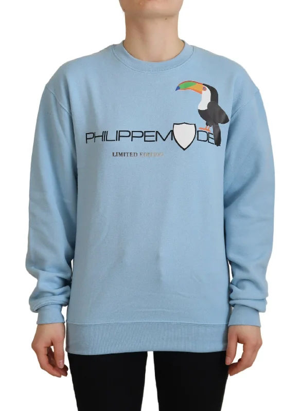Philippe Model Chic Light Blue Logo Embellished Sweater Beaded Sweater Sequined Faux Fur