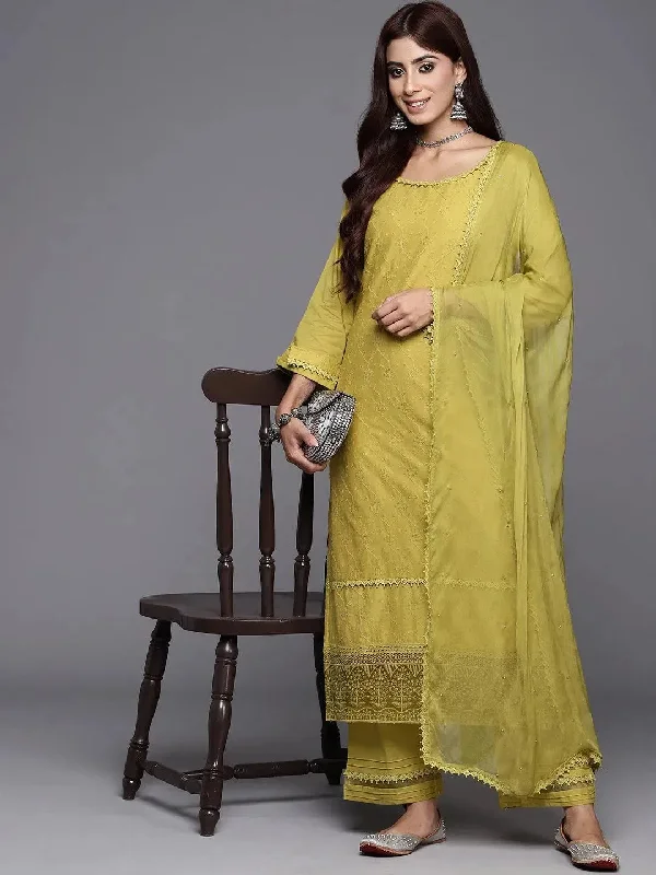 Green Embroidered Cotton Straight Kurta With Trousers & Dupatta Trousers Custom Made Green Embroidered Cotton Straight Kurta With Trousers & Dupatta Trousers Custom Made