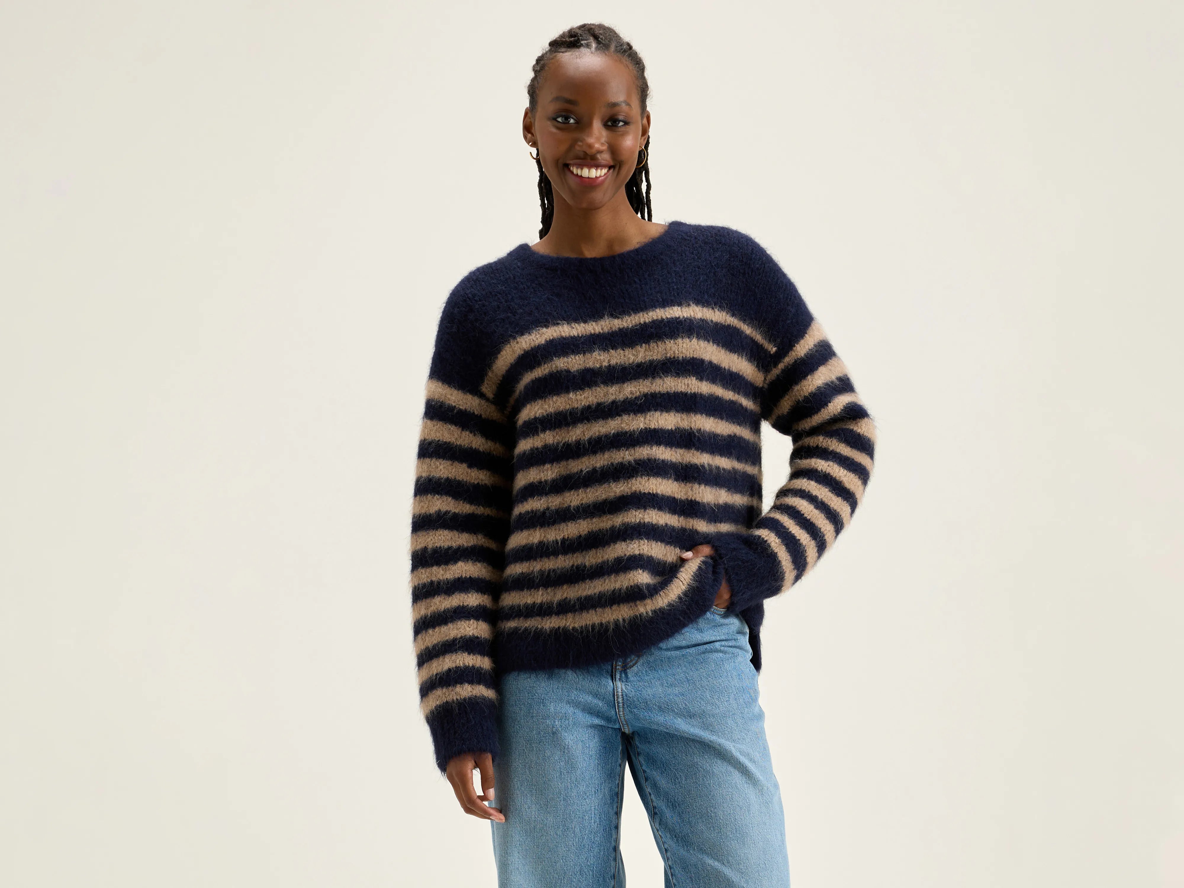 Decat crew-neck sweater (242 / W / STRIPE C) Turtle Neck Boat Neck Asymmetrical Neck