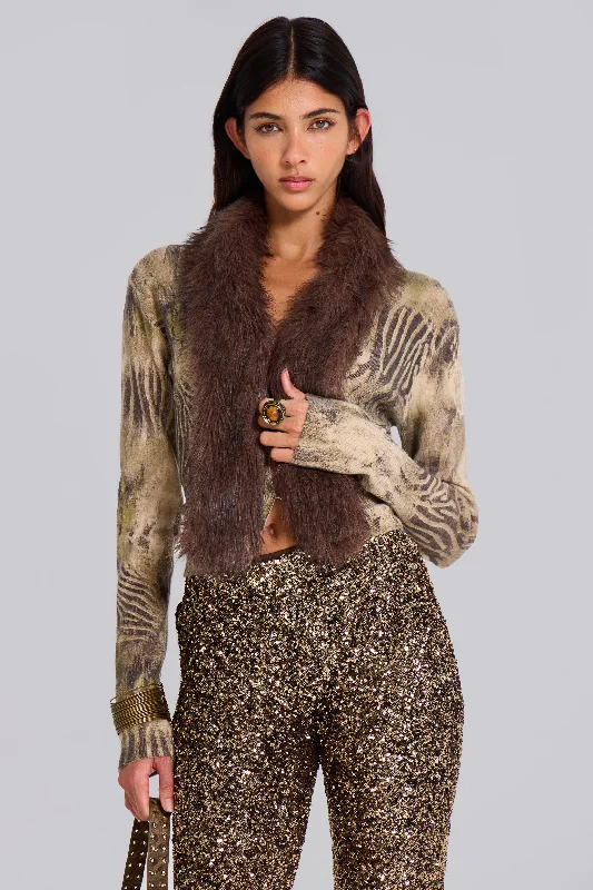 Tana Fur Trim Cardigan Print Jacquard Patchwork