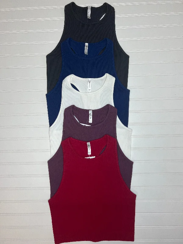 Ribbed High-Neck Cropped Tank in Navy stretchy tank top