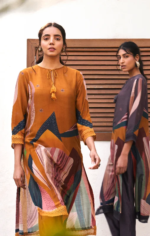 Mustard Yellow Abstract Print Kurta Set With Trousers Trousers Denim Blue