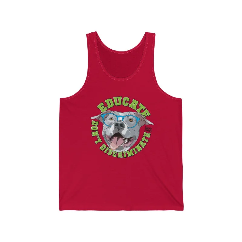 Educate, Don't Discriminate | Unisex Jersey Tank | Blue Pit Bull in glasses | Design by Pittie Chicks basic tank top