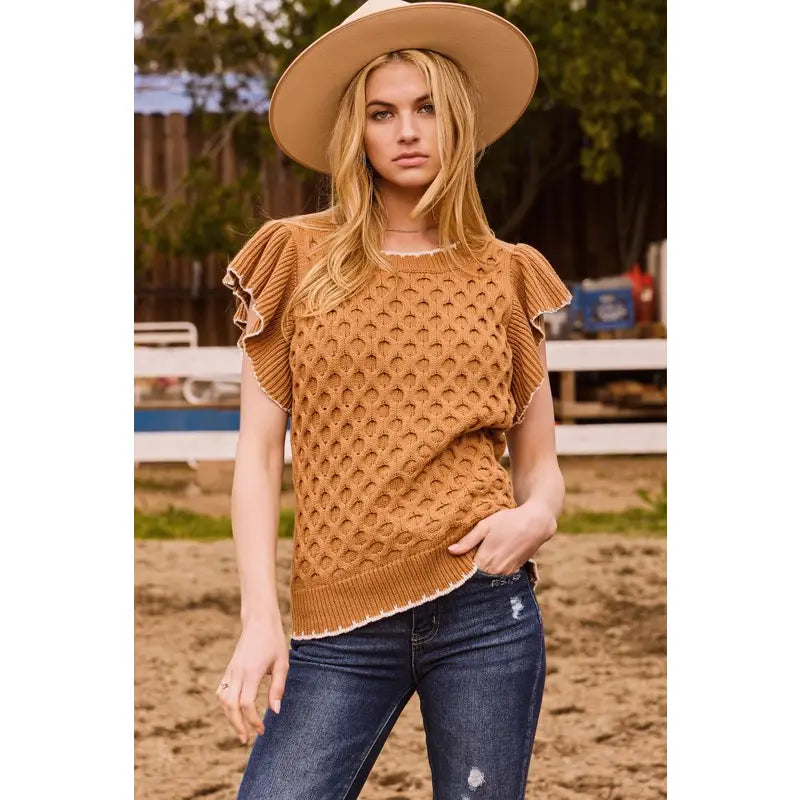 Solid Cable Knit Short Sleeve Sweater - Camel Seamless Knitted Crochet