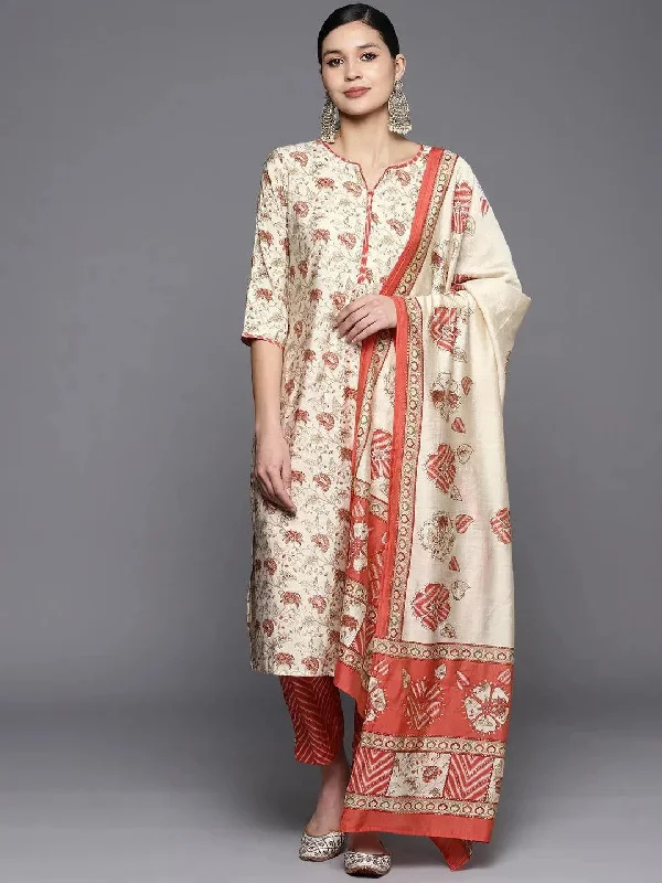 Beige Printed Silk Blend Straight Kurta With Trousers & Dupatta Trousers Summer Linen Beige Printed Silk Blend Straight Kurta With Trousers & Dupatta Trousers Summer Linen