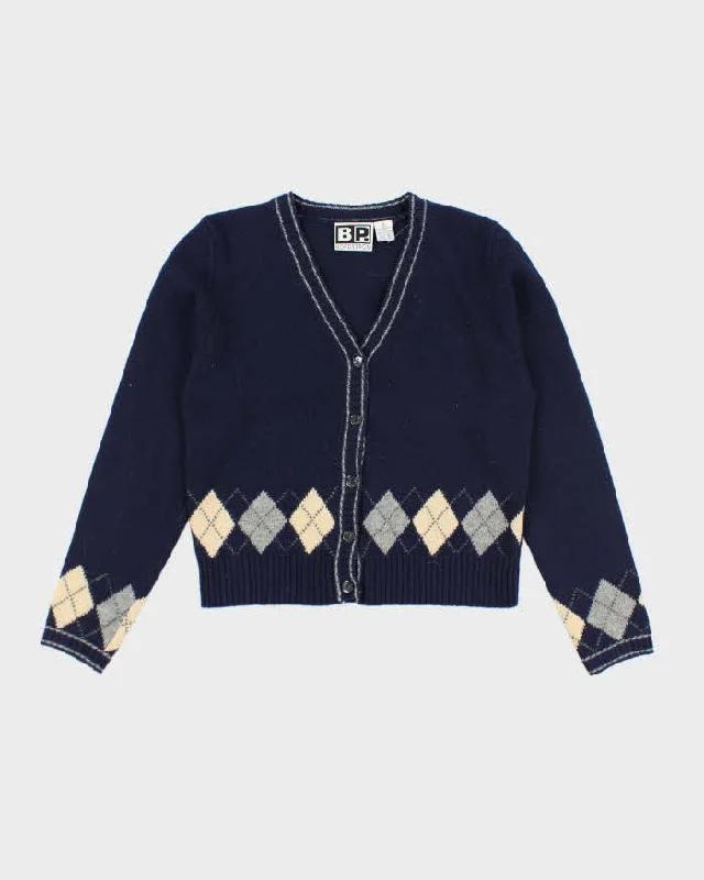 Vintage 90s Nordstrom Blue Wool Cardigan - M Collared Crew Neck Turtle Neck