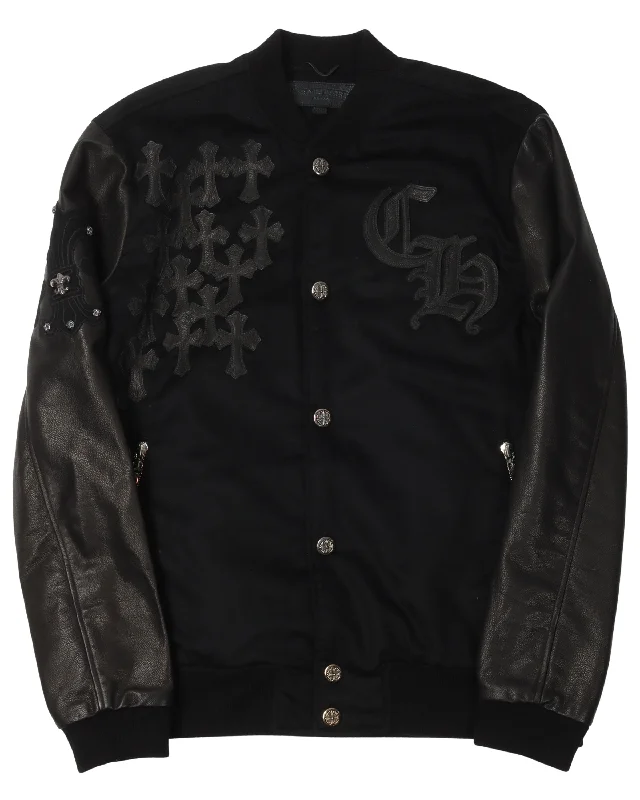 Leather Cross Varsity Jacket Fleece Fabric Down Fabric Feather Fabric