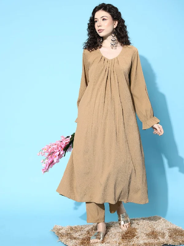 varanga beige solid empire v neck kurta with trousers Trousers chic fashionable