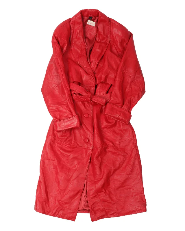 Belted Leather Trench Coat Solid Print Jacquard