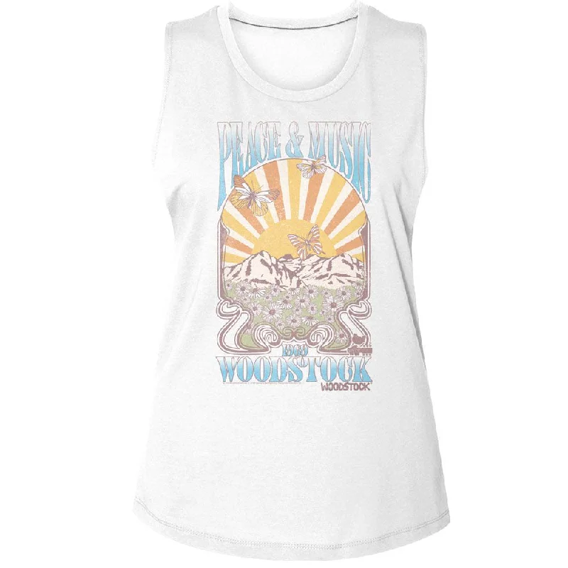 WOODSTOCK Tank Top for Ladies, Peace And Music Landscape lounge tank top