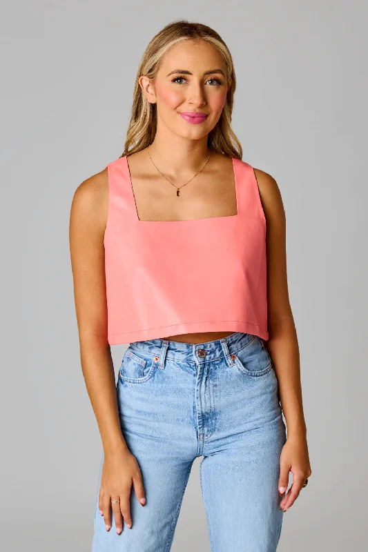 Manning Vegan Leather Cropped Tank Top - Coral glitter tank top