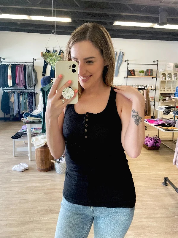 Fitted Ribbed Button Tank Top in Black loose fit tank