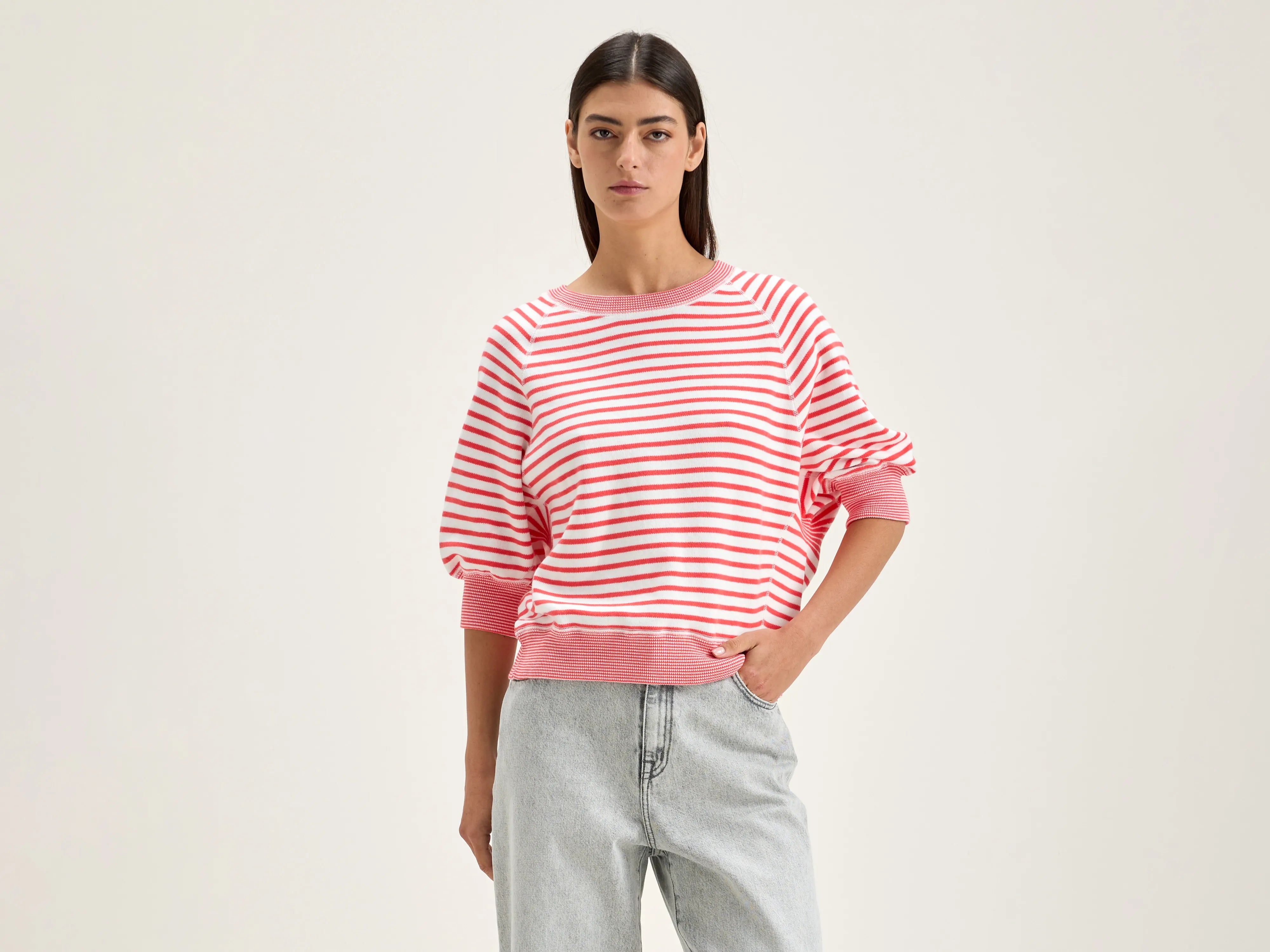 Anglet crew-neck sweater (242 / W / STRIPE B) Long Sweater Short Sweater Cropped Sweater