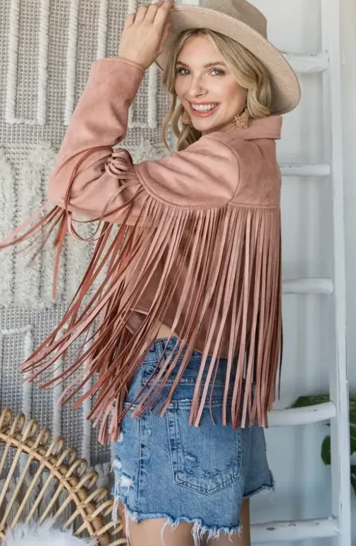 VJ70272-M1 Fringed Suede Jacket Dusty Pink Lace Jacket Ribbed Jacket Sequined Jacket VJ70272-M1 Fringed Suede Jacket Dusty Pink Lace Jacket Ribbed Jacket Sequined Jacket