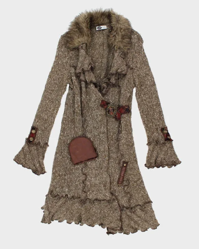 Vintage Y2k 00s Oze Buckle Faux Fur Collar Cardigan - M Cardigan Knitwear Sweater