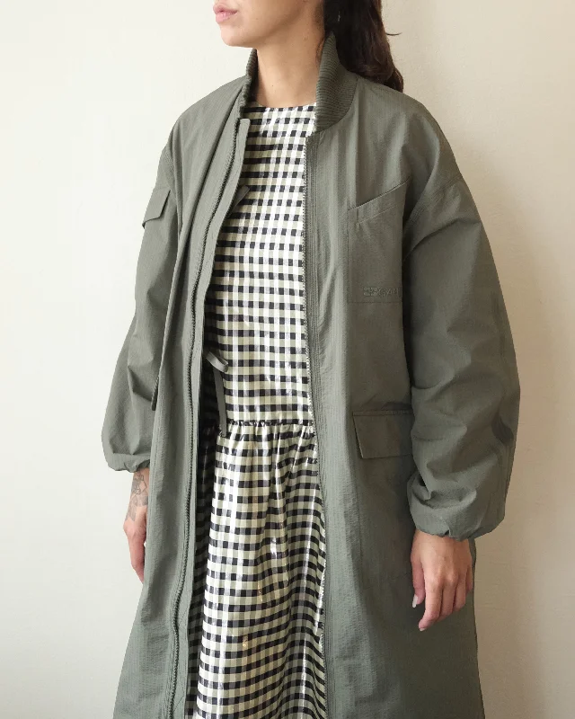 Tech Seersucker Oversize Shell Coat, Beetle Green Asymmetrical Diagonal princess