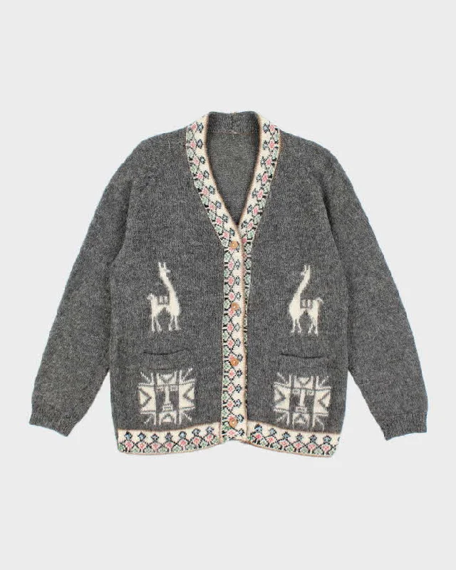 Vintage Alpaca Blend Grey Cardigan - XL Polka Dot Checkered Tartan