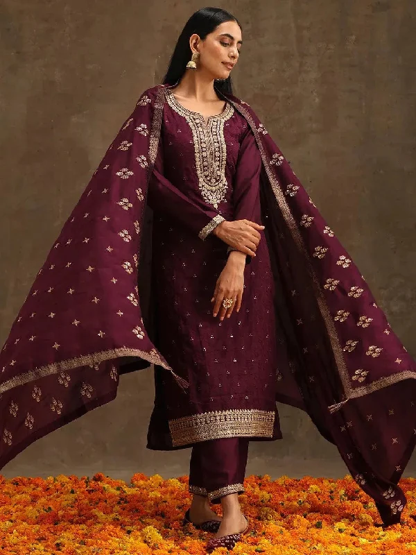 Purple Embroidered Silk Blend Straight Kurta With Trousers & Dupatta Trousers Handmade Artisanal Purple Embroidered Silk Blend Straight Kurta With Trousers & Dupatta Trousers Handmade Artisanal