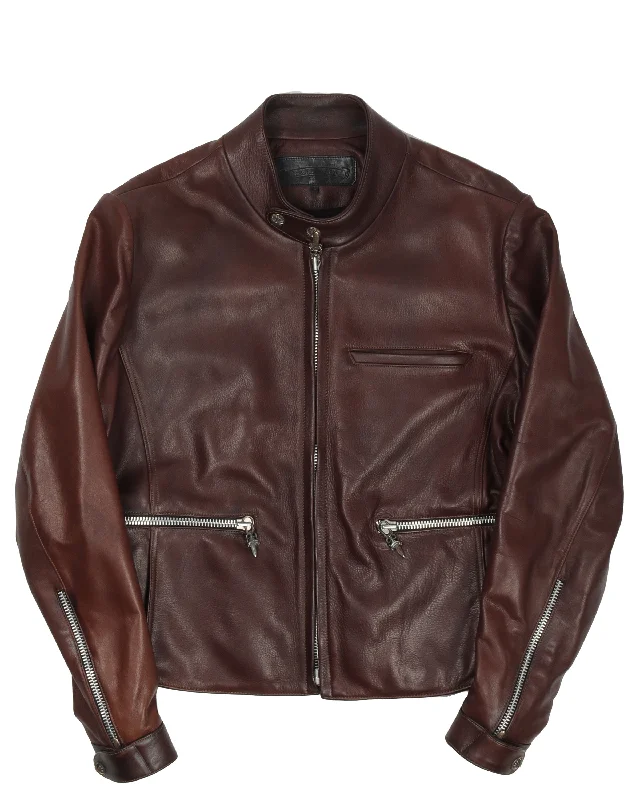 1 of 1 Brown Leather Motorcycle Riding Jacket Cotton Jacket Linen Jacket Terry Jacket