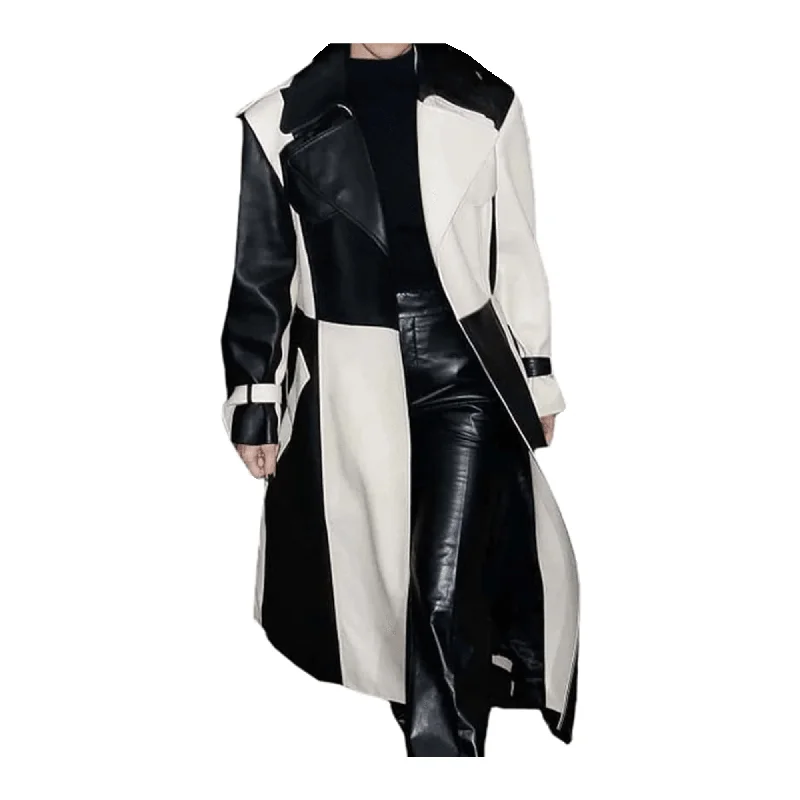 Black and White Leather Coat Tailored Straight A-Line