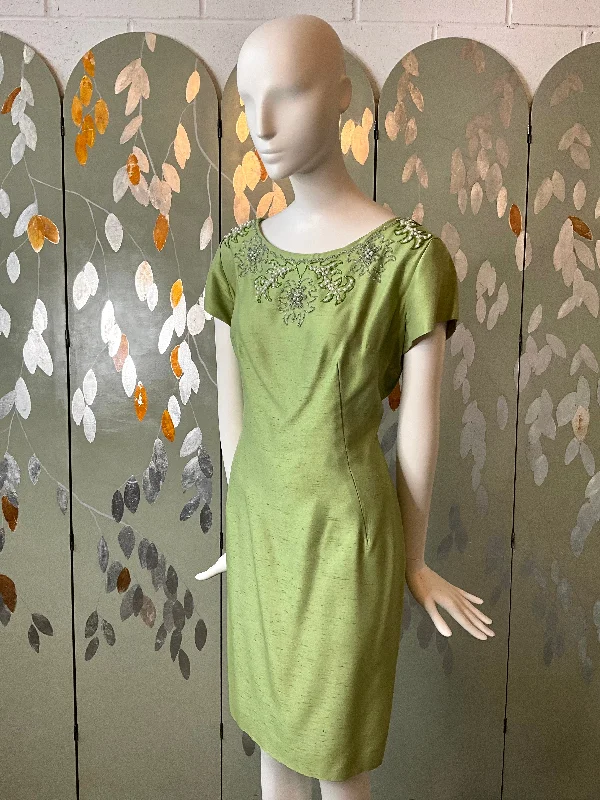 Vintage 1960s Green Silk Beaded Sheath Dress and Topper Coat Set, L Raincoat Turtleneck Coat Wrap Coat