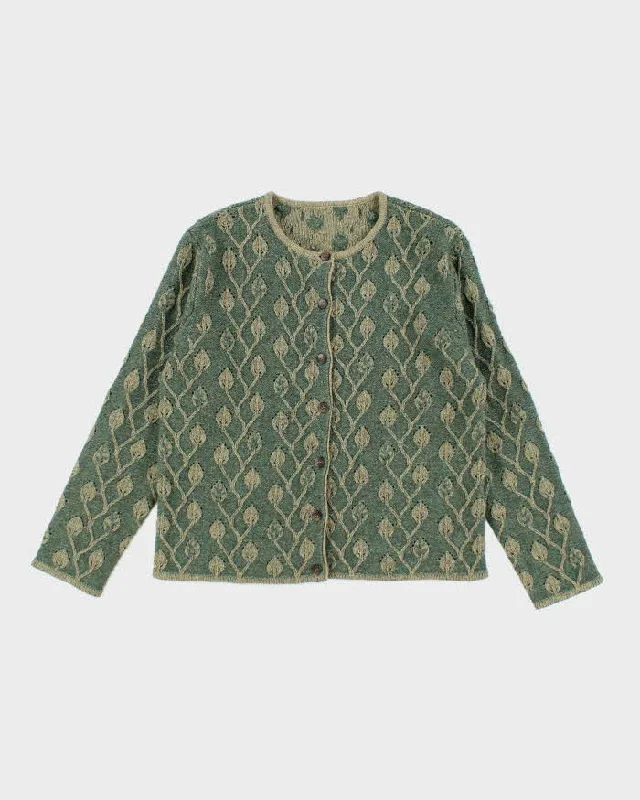Vintage Green Wool Pattern Cardigan - XL Hooded Caped Shawl Collar