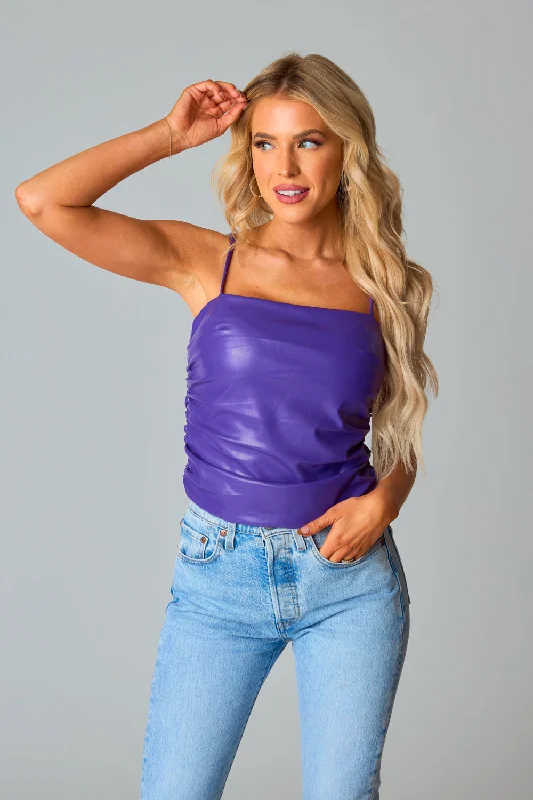 Jolee Vegan Leather Tank Top - Purple one shoulder tank