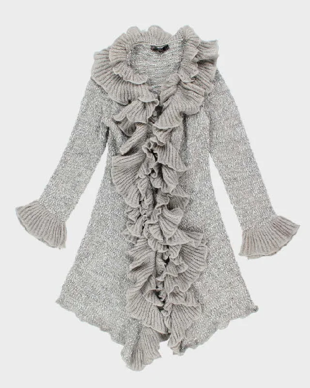 Y2k 00s Sioni Ruffle Cardigan - L Denim Fabric Leather Fabric Suede Fabric