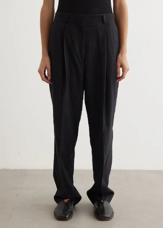 Double-Pleated Tailored Pinstripe Trousers Trousers Formal Black