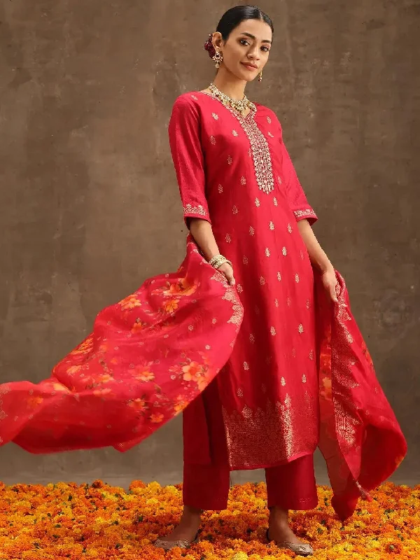 Pink Self Design Silk Straight Kurta With Trousers & Dupatta Trousers Bridal Satin