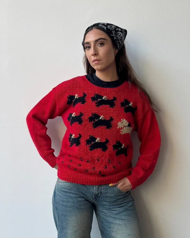 Handknit Scottie Sweater - S Zippered Buttoned Snapped