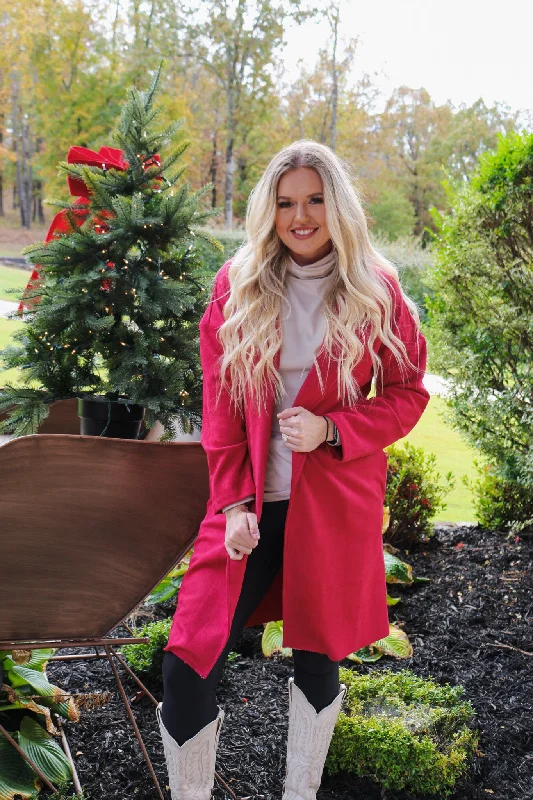 Desert Nights Warm Red Suede Coat Welt Pockets Slit Pockets Flap Pockets