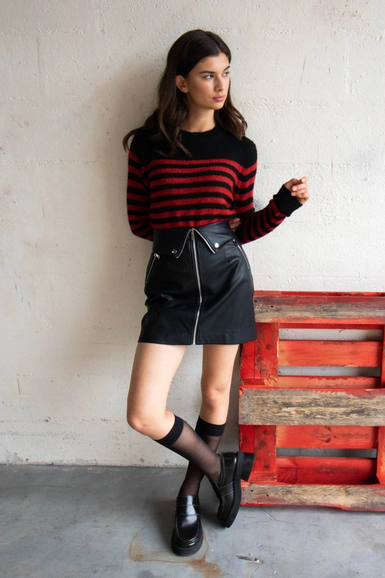 Red & Black Striped Sweater Zippered Front Buttoned Front Snap Front