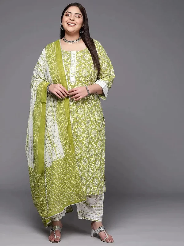 Plus Size Green Printed Cotton Straight Kurta With Trousers & Dupatta Trousers Running Lightweight Plus Size Green Printed Cotton Straight Kurta With Trousers & Dupatta Trousers Running Lightweight