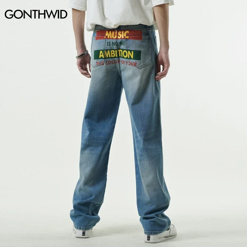 Vintage Denim Jeans Streetwear Hip Hop Letter Print Distressed Baggy Straight Jean Pants Summer Casual Loose Trousers Trousers Brand Named