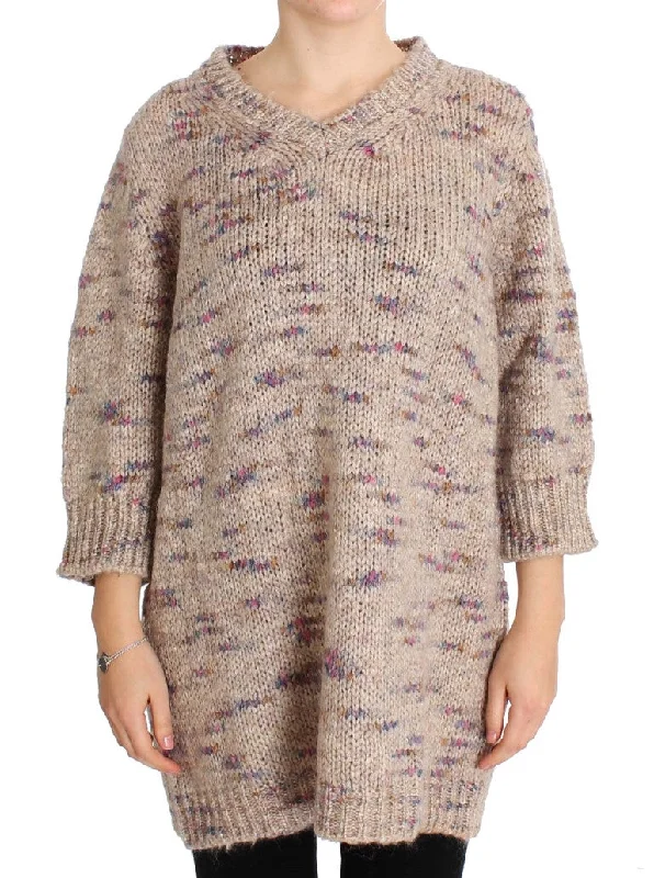 PINK MEMORIES Beige Oversized V-Neck Knitted Sweater Transparent Opaque Sheer