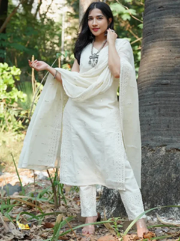 Off-White Embroidered Cotton Straight Kurta With Trousers & Dupatta Trousers Leisure Comfortable Off-White Embroidered Cotton Straight Kurta With Trousers & Dupatta Trousers Leisure Comfortable