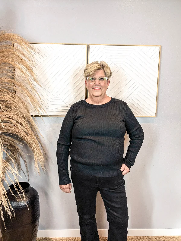 Carin Crewneck Sweater - Plus - Black Spandex Rayon Corduroy