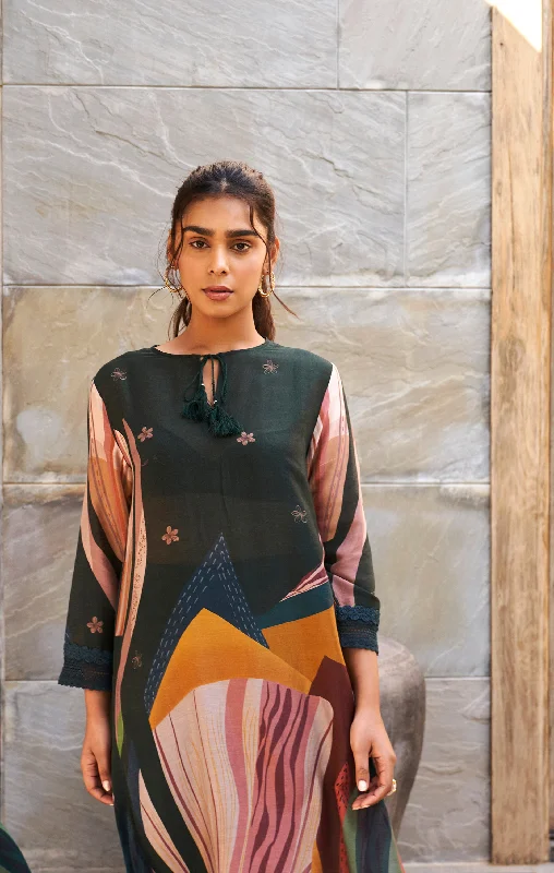 Bottle Green Abstract Print Kurta Set With Trousers Trousers Striped Patterned