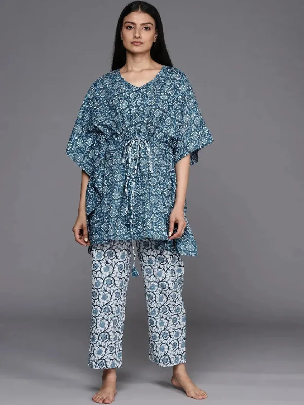 Blue Printed Cotton Kaftan Kurta With Trousers Trousers Seasonal Trendy