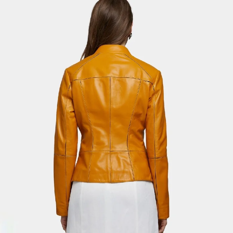 New Womens Slim Fit Yellow Leather Jacket